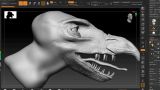 A close-up view of a digital sculpting project in ZBrush, showcasing a stylized dinosaur head. The model is primarily in a gray, untextured state, highlighting the intricate details of the scales and facial features, including a prominent eye and sharp teeth. The interface of ZBrush is visible at the top, displaying various sculpting tools and settings.