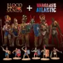 A collection of finely detailed miniatures from the game "Blood on the Sands" is displayed against a dark red background. The upper section features several gladiators in various poses, showcasing intricate armor and weapons, including shields and helmets. Below, additional miniatures are arranged, depicting different gladiatorial styles, each with unique armor and weaponry, emphasizing the game's focus on historical skirmishes and combat dynamics.