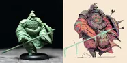 On the left, a small, intricately detailed resin miniature of a knight is displayed, showcasing fine features and textures. On the right, a colorful illustration depicts a large, imposing knight in exaggerated armor, with a vibrant red cloak and a shield, wielding a sword. The knight's design includes playful elements, such as a whimsical helmet and a dynamic pose, emphasizing a fantastical theme.