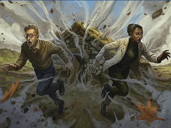 Two people running from a collapsing web-covered structure, autumn leaves flying.