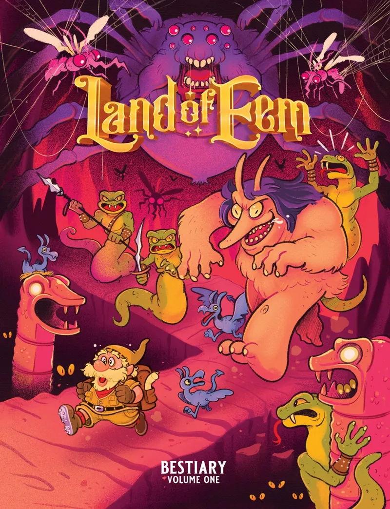 A colorful and whimsical illustration features a variety of fantastical creatures and characters from the Land of Eem tabletop roleplaying game. In the foreground, a cheerful gnome character is depicted running, flanked by small, blue creatures, while larger, more menacing figures loom in the background, including a horned monster and a serpent-like creature. The vibrant colors and playful design evoke a lighthearted fantasy atmosphere, with the title "Land of Eem: Bestiary Volume One" prominently displayed at the bottom.