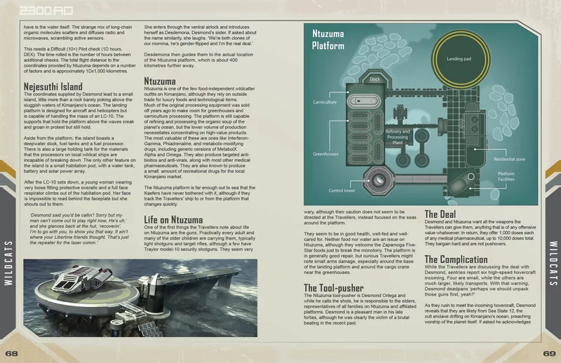 A detailed layout of the Ntuzuma platform is presented, showcasing various structures including a dock, greenhouses, and a refinery and processing plant. The platform is depicted with a futuristic design, featuring a control tower and a series of interconnected buildings, all situated above a vast ocean. In the foreground, a small landing area is visible, with a woman in overalls and a full-face helmet, suggesting a busy, industrial environment focused on food production and technological development.