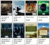 A collection of tabletop roleplaying game supplements for the Age of Vikings is displayed, featuring various titles with distinct cover art. The top row includes "The Tyrant of Mumhan," "Hulda's Last Song," "Feast & Favor," and "The Darkest Day," each showcasing thematic imagery related to Viking lore and adventure. The bottom row features "The Mystery of Raider Monks," "Age of Vikings: Family Sagas," "The Froda Wonders," and "Snow Mount Peninsula," with prices listed for each item, indicating a range of scenarios and settings available for players and creators.