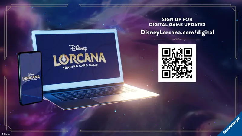Laptop with open screen, QR code, text "SIGN UP FOR DIGITAL GAME UPDATES DisneyLorcana.com/digital" against space background.