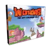 A colorful box for "Worms: The Gift Calendar Game" features a vibrant illustration of cartoonish landscapes with green hills and rocky cliffs. Prominent characters include a pink worm wearing a crown and a knight, both positioned on the cliffs, while a hot air balloon floats in the sky. The title is boldly displayed at the top, emphasizing the festive theme of the advent calendar.