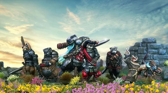A group of intricately designed animal miniatures stands in a vibrant, flower-filled landscape. The characters, resembling various species of anthropomorphic animals, are dressed in detailed armor and wielding weapons, showcasing a mix of colors including earthy tones and bright accents. In the background, a stone structure adds depth to the scene, while a dramatic sky enhances the overall fantasy atmosphere.