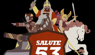 A stylized graphic features a large, bold shield with the text "SALUTE 53" and "SOUTH LONDON WARLORDS" prominently displayed. Behind the shield, a tank and various figures, including knights on horseback and a warrior with a sword, are depicted in a dynamic arrangement. The phrase "SOUND THE CHARGE!" is boldly written at the bottom, emphasizing the theme of action and excitement.
