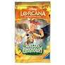 A booster pack for the Disney Lorcana Trading Card Game, titled "Wilds Unknown," prominently features Woody from Toy Story, depicted in a vibrant, animated style. The background includes colorful elements and magical motifs, enhancing the adventurous theme. The text "WILDS UNKNOWN" is displayed prominently, along with the note "12 ADDITIONAL GAME CARDS" at the bottom.