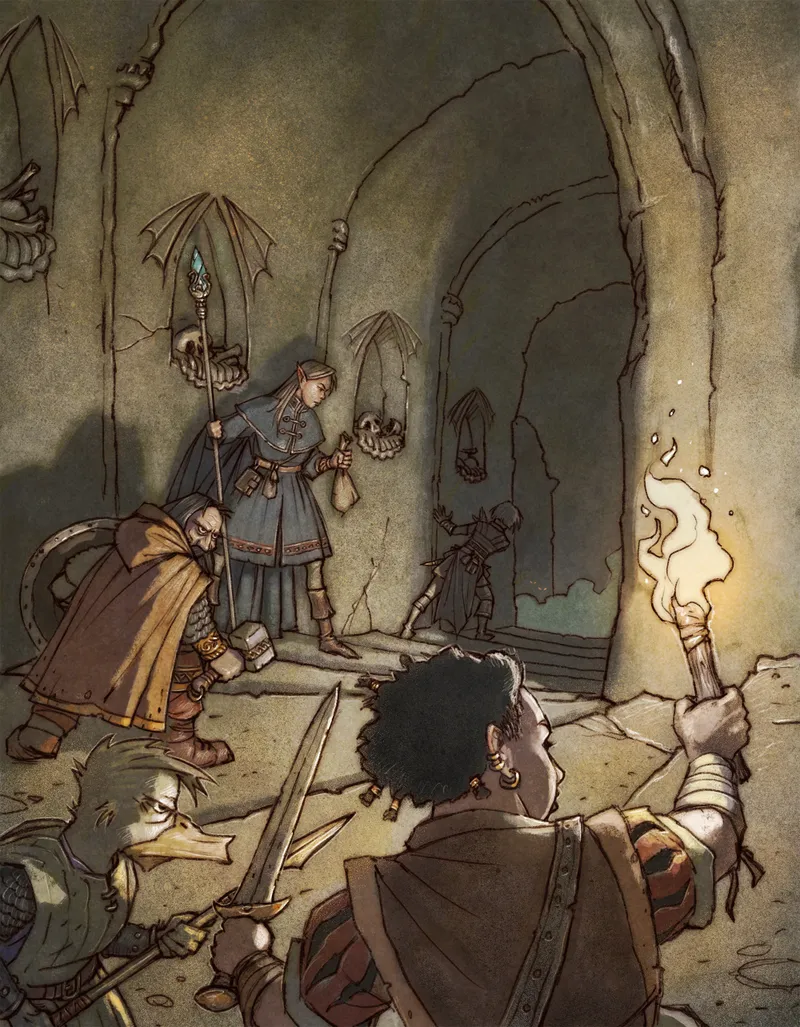 Four adventurers in a stone chamber, one holding a torch, another a skull-topped staff.