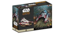 A box for the TX-130 Saber-class Tank expansion from Star Wars: Legion features a prominent illustration of the tank in action, showcasing its sleek design with red and white accents. The box also displays the miniature of the tank prominently on the front, alongside the game's logo and title. The background depicts a lush battlefield scene, enhancing the thematic elements of the Galactic Republic's military presence.
