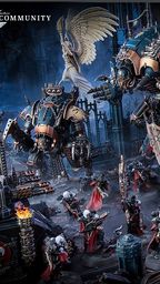 A dramatic scene showcases two imposing Chaos Knights, the Knight Ruinator and Knight Abominant, towering over a battlefield littered with detailed miniatures. The Knights feature intricate designs, with one adorned in dark metallic colors and the other showcasing a mix of blue and gold accents. Surrounding them are various smaller figures in red cloaks, wielding weapons, set against a backdrop of gothic ruins and atmospheric lighting.