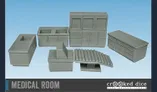 A collection of six gray resin terrain pieces designed for a sci-fi medical room is displayed. The set includes a countertop with a sink, a tall storage cabinet with doors, a lower cabinet, a desk with a computer, a rolling examination table, and a long, narrow table with a ribbed surface. The pieces are intricately detailed, showcasing a functional and sterile environment suitable for tabletop gaming.