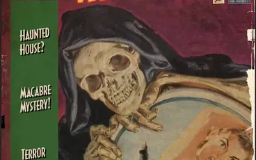 "House of Mirrors" magazine cover with skeleton and screaming woman.