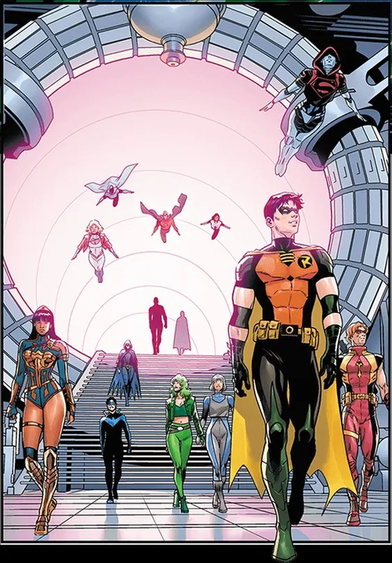 A group of superheroes descends a staircase in a futuristic setting, with a large, circular, glowing portal in the background. The characters include a mix of iconic and original heroes, showcasing vibrant costumes in various colors, such as orange, green, and blue. The scene conveys a sense of unity and purpose as they prepare to embark on their mission.