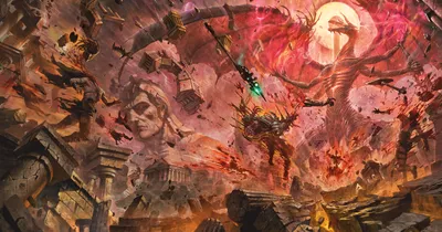 Giant stone head, crumbling ruins, fiery sky, dragon-like creature, armored figure with spear.