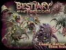A collection of vividly designed cosmic horror creatures is showcased, featuring a variety of grotesque and imaginative monsters, each with unique forms and textures. The creatures display a mix of organic and alien features, including tentacles, eyes, and unusual appendages, all rendered in intricate detail. The title "BESTIARY of the FORBIDDEN" is prominently displayed at the top, with the text "Cosmic Horror Creatures 32mm Scale STL Files" at the bottom, emphasizing the campaign's focus on tabletop gaming.