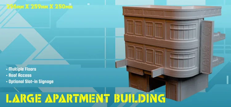 A large, three-storey apartment building model features multiple floors, roof access, and optional slot-in signage. The structure has a detailed facade with windows and a prominent overhang, designed for 28mm-35mm scale miniatures. The background is a light blue with geometric patterns, and the text 