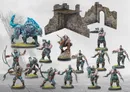 Miniature warriors, a wolf-like creature, and stone ruins with a wooden platform.