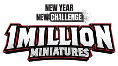 The image features bold, stylized text that reads "MILLION MINIATURES" prominently in the center, with a dynamic design that includes sharp edges and a black and red color scheme. Above this, the phrases "NEW YEAR" and "NEW CHALLENGE" are displayed in a smaller font, emphasizing a fresh start or initiative. The overall design conveys excitement and energy, suitable for a gaming or hobby context.