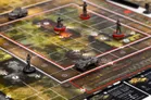 Board game with soldiers, tank, and terrain on a grid map.
