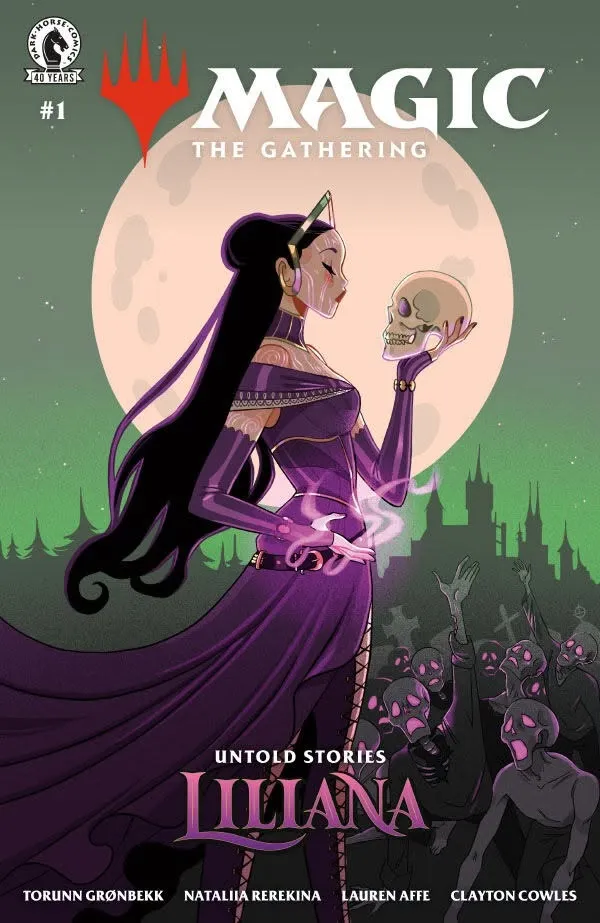 Woman in purple dress holding a skull, full moon, city silhouette, text "UNTOLD STORIES"