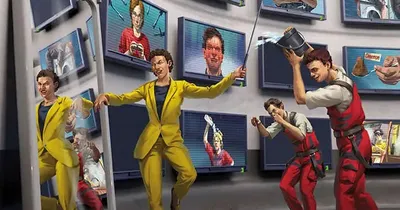 PARANOIA ALGORITHMIC LOYALTY, people in yellow and red suits, screens with faces, selfie stick.
