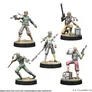 A collection of five unpainted Weequay pirate miniatures from the Star Wars: Legion game, each standing on circular bases with a grassy texture. The figures display various poses: one holds a blaster, another wields a staff, while others are equipped with different weapons and gear, showcasing their mercenary nature. The miniatures feature distinct clothing styles, including a mix of colors like green, blue, and pink, reflecting their rugged pirate aesthetic.