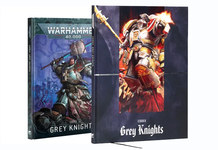 Two codex books are displayed side by side. On the left, the "Codex Grey Knights" features a blue cover with an illustration of a Grey Knight in armor wielding a sword, set against a backdrop of a battle scene. On the right, the "Codex Grey Knights" has a darker cover showcasing a powerful Grey Knight in a striking pose, holding a weapon, with vibrant colors highlighting the artwork. Both books are designed for the Warhammer 40,000 tabletop game, with the titles prominently displayed.