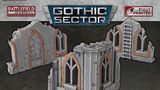 Two pieces of Gothic Sector terrain are displayed, featuring ruined structures with a weathered stone appearance. Each piece has arched windows and doors, accented with orange detailing, showcasing a mix of gray tones and visible wear. The terrain is designed for 28-35mm scale tabletop games, emphasizing its pre-painted, ready-to-use quality.