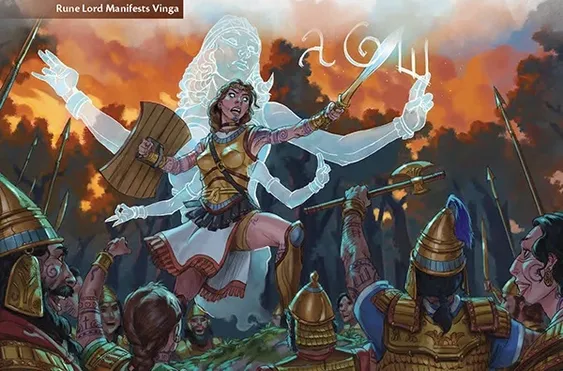 A glowing warrior in armor with wings and a spear stands mid-leap above armored soldiers in helmets. The warrior holds a glowing staff and has a sword in hand. The background shows a fiery battle scene with smoke and trees. The word 