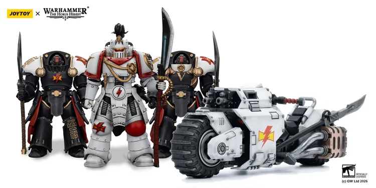 Three action figures from JoyToy are displayed prominently. In the center is Jaghatai Khan, the White Scars' Primarch, wearing ornate white and red armor, complete with a flowing red cape and holding a power sword. Flanking him are two Tactical Marines, one in black Mk III power armor and the other in black Mk VI armor, both equipped with various weapons. To the right, a detailed representation of a Raider-pattern Combat Bike is partially visible, enhancing the scene's dynamic feel.