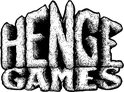 The image features the logo of Henge Games, prominently displaying the name "HENGE GAMES" in a bold, stylized font that resembles rugged stone or rock formations. The letters are textured with a rough, uneven surface, giving a sense of strength and durability. The overall design conveys a fantasy theme, fitting for a game centered around barbarian warriors and epic adventures. The background is transparent, allowing the logo to stand out clearly.