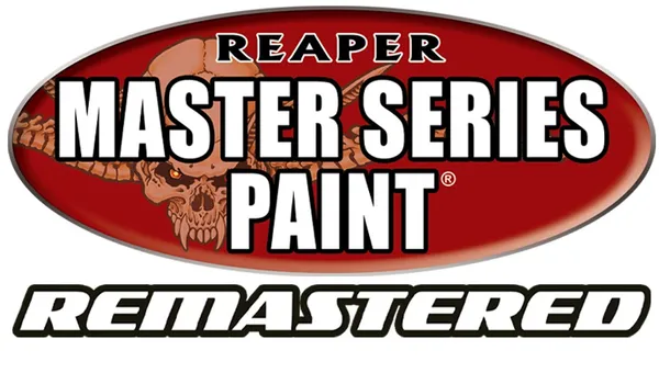 A bold logo features the text "REAPER MASTER SERIES PAINT" prominently displayed in large, white letters against a red oval background. Above the text, a stylized skull with horns adds a striking visual element, enhancing the theme of fantasy and adventure. Below, the word "REMASTERED" is presented in a sleek, modern font, emphasizing the updated nature of the paint line.