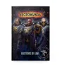 A book titled "Necromunda: Bastions of Law" features a dramatic cover illustration of three heavily armed and armored Palanite Enforcers. The central figure, a captain with a skull emblem on his chest, has a stern expression and an eye patch, flanked by two other Enforcers in similar armor. The background is dark and smoky, with hints of fire and debris, enhancing the imposing presence of the characters.