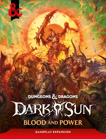 Fantasy battle scene with warriors, monsters, and text "Dungeons & Dragons Dark Sun Blood and Power"
