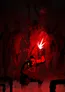 Dark red-lit scene with four skeletal figures in military gear, one kneeling with a rifle, others standing with arms raised. Glowing red blood effect surrounds them.