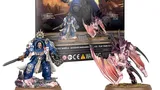 A boxed set for "Warhammer 40,000 Combat Patrol" featuring three painted miniature figures. At the top of the box, bold white text reads "WARHAMMER 40,000" and "COMBAT PATROL" with a red downward-pointing triangle between them. The number "01" is visible in a red circle on the top right corner of the box.

The box art displays three miniatures:
1. A Space Marine Captain in blue armor with white and gold details, holding a power sword and a bolt pistol.
2. A large, armored figure in blue with a heavy weapon, identified as a Space Marine.
3. A creature labeled as a Winged Tyranid Prime with large wings, claws, and a monstrous appearance.

In front of the box, two of the miniatures are positioned on rocky bases:
1. On the left, a Space Marine Captain in blue armor with white and gold details, holding a power sword.
2. On the right, a Winged Tyranid creature with large wings and claws.

The bottom of the box has text that reads: "FIRST MODELS