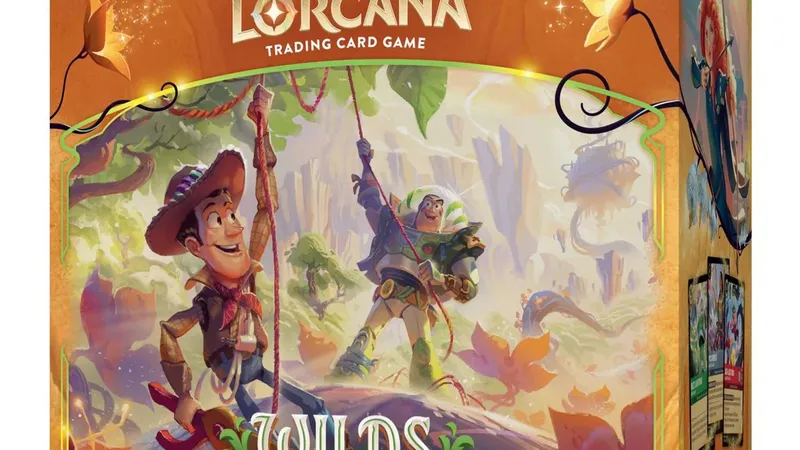 A colorful box for the Disney Lorcana Trading Card Game expansion titled "Wilds Unknown," featuring characters from Toy Story, Buzz Lightyear and Woody, depicted in a vibrant, adventurous landscape filled with lush greenery and fantastical elements. The title "WILDS UNKNOWN" is prominently displayed at the center, with the subtitle "ILLUMINEER'S TROVE" below it. The box design includes whimsical details and a logo for Ravensburger, enhancing the adventurous theme of the set.