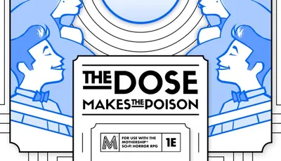A stylized illustration with a repeating pattern of blue and white silhouettes of people with voluminous hair, arranged in a circular formation. In the center, there is a large, outlined teardrop shape. Below the teardrop, the text "THE DOSE" is visible, followed by "MAKES THE" in smaller font. The background features geometric, art deco-inspired patterns.