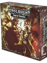 A box for the "Dungeons & Dragons Onslaught: Tomb of Horrors - Maps & Monsters Expansion" features dramatic artwork depicting a menacing demilich and various monstrous figures. The box is predominantly dark with splashes of color, showcasing intricate details of the characters and elements from the dungeon. The title "ONSLAUGHT" is prominently displayed at the top, along with the subtitle and branding for Wizkids.