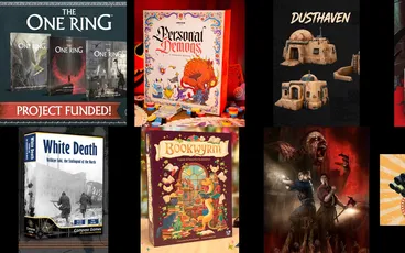 "Personal Demons" book cover, "Bookwyrm" game box, "DUSTHAVEN" text, miniature buildings, fantasy art.