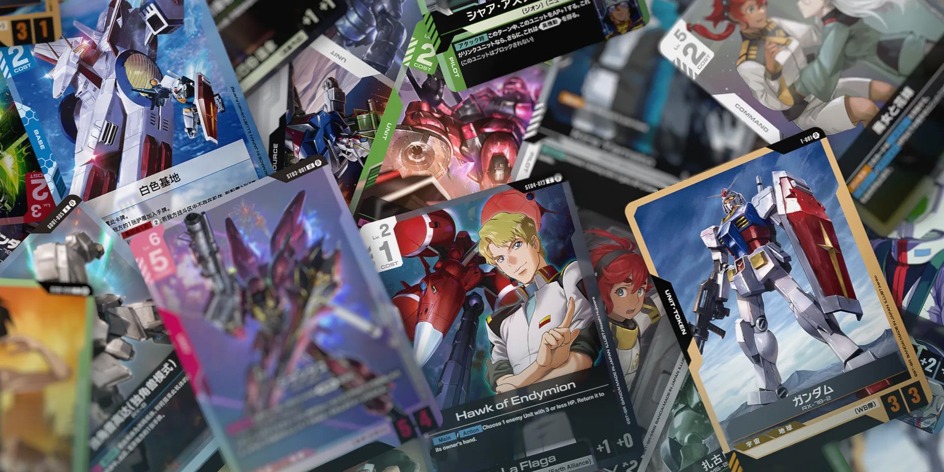 A collection of Gundam trading cards is displayed, featuring various characters and mobile suits from the franchise. Prominently in the foreground is a card depicting 