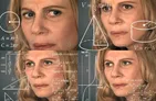 A woman’s face split into four sections with mathematical equations overlaid: Top left: formula for volume of a cone (V = 1/3 πr²h). Top right: cone diagram with height (h) and radius (r). Bottom left: integral solutions (sin x, tan x, arctan x).