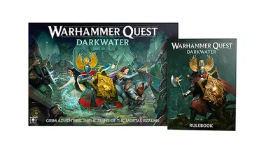 The image features the box art for "Warhammer Quest: Darkwater," showcasing a dynamic scene of heroes engaged in battle against various foes in a dark, murky environment. Prominent characters include a knight with a lion-emblazoned shield, a warrior wielding a spear, and a female character with flowing hair, all set against a backdrop of ominous creatures and ruins. To the right, the rulebook is displayed, featuring similar artwork and the title "Warhammer Quest: Darkwater."