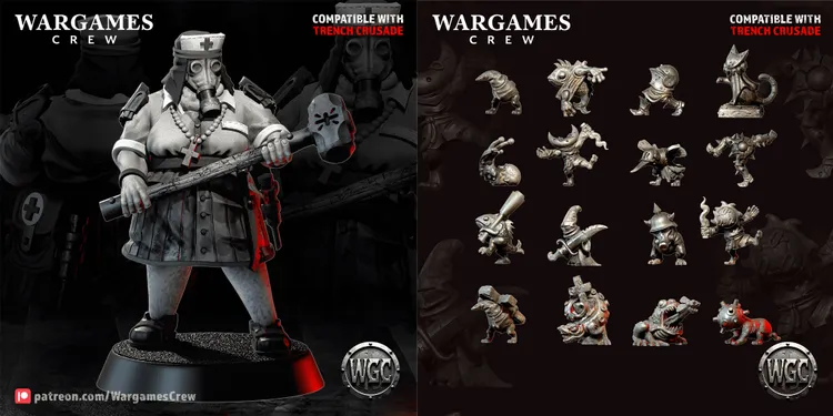 A stylized miniature depicts a character resembling a nurse or medic, wearing a gas mask and a long skirt, with a cross necklace and a large, spiked weapon in one hand. The figure stands on a round base, showcasing a detailed design that includes elements like a belt with pouches and a distinctive outfit. The background is dark, emphasizing the character's features and the overall eerie aesthetic typical of the Weird War I theme.