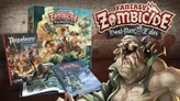 A vibrant display features the "Fantasy Zombicide: Dead Men Tales" box set prominently, showcasing colorful artwork of pirate characters engaged in action. Next to the box, a hardcover book titled "Plaguebearer" and a graphic novel are visible, both adorned with detailed illustrations. In the foreground, a large, menacing zombie character with a bandana and tattered clothing adds a dramatic touch to the scene, emphasizing the game's adventurous and fantastical theme.