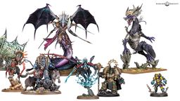 A collection of detailed miniatures from Games Workshop showcases a variety of characters. Prominently featured is a large, purple dragon-like creature adorned with armor and a regal headpiece, standing on a rocky base. Surrounding it are several other miniatures, including a skeletal figure with a glowing blue aura, a heavily armored Space Marine, and a smaller character in a mechanical suit, all displaying intricate designs and vibrant colors.