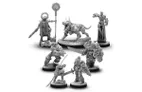 A collection of detailed miniatures features various mechanical and armored figures, including a central character wielding a sword and a staff, flanked by a robotic dog and several warriors in intricate armor. The miniatures are designed with a steampunk aesthetic, showcasing gears and mechanical elements, all rendered in a gray, unpainted finish. The scene is set on a textured base that adds depth to the display, emphasizing the fantasy theme suitable for tabletop gaming.