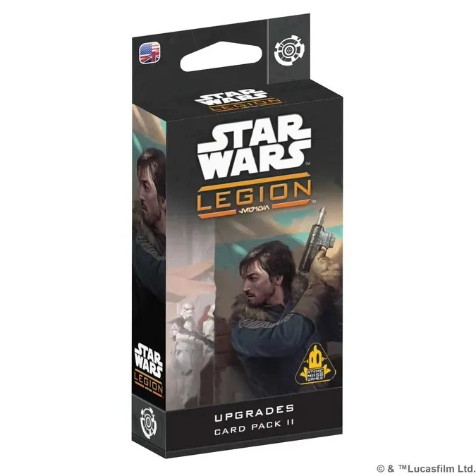 Star Wars Legion Upgrades Card Pack II box with a man holding a blaster.