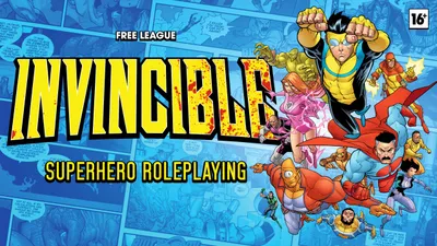 Large, bold, yellow and black splattered letters spelling "INVINCIBLE" dominate the top left. Below it, black text reads "HERO ROLEPLAYING" in a similar style. In the top left corner, smaller white text says "FREE LEAGUE."

On the right side, a group of stylized cartoon superheroes in colorful costumes are in mid-action. One blonde male in a yellow and blue suit appears to be flying or leaping forward with fists raised. A muscular male in an orange and blue suit with a smirk is also airborne. A female with pink hair in a purple and pink outfit is crouched, holding her hands out with energy effects. Another male in a green and purple outfit is in the background, mid-motion. Several speech bubbles contain text: one near the blonde male reads, "I KILLED YOU ONCE! I CAN DO IT AGAIN!!", another near the pink-haired female reads, "GOT HIM! GUYS THIS IS NO EXPERT!", and a third near the orange-suited male says, "HEY...HEY!" The background features a cityscape with